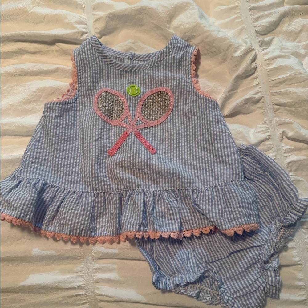 Mud Pie Blue Striped Baby Dress with Tennis Design